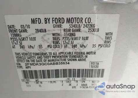 2010 Ford Edge Se z USA, uszkodzony, nr VIN 2FMDK3GC0ABB35634